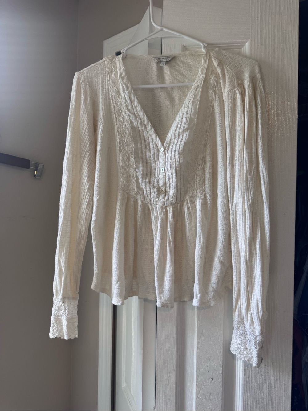 Lucky Brand Ivory Romantic Crochet Lace Gauze Peplum Blouse Boho Top M